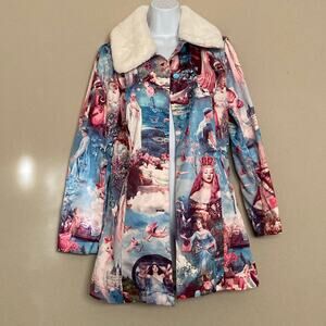 Women’s Blue & Pink Printed Faux-Fur Collar Coat